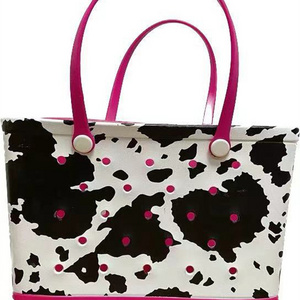 Waterproof Beach EVA Cow Print Tote Handbag Large Capacity Printed Mammy Weekend Bag With Hole Plastic Silicone Bogg Bag