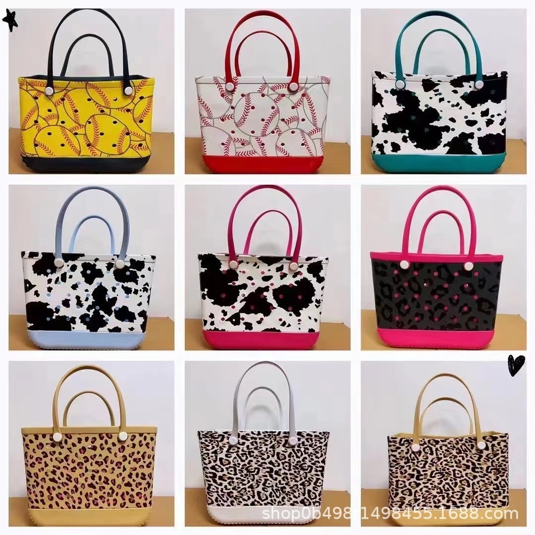 Waterproof Beach EVA Cow Print Tote Handbag Large Capacity Printed Mammy Weekend Bag With Hole Plastic Silicone Bogg Bag