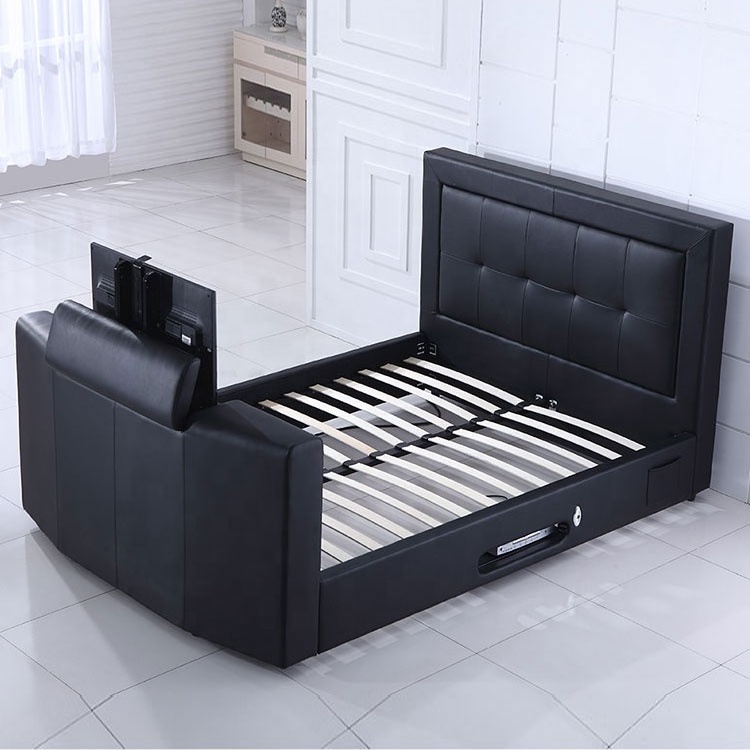 high quality remote control lift queen size faux leather tv bed with gas lift modern for bed room furniture