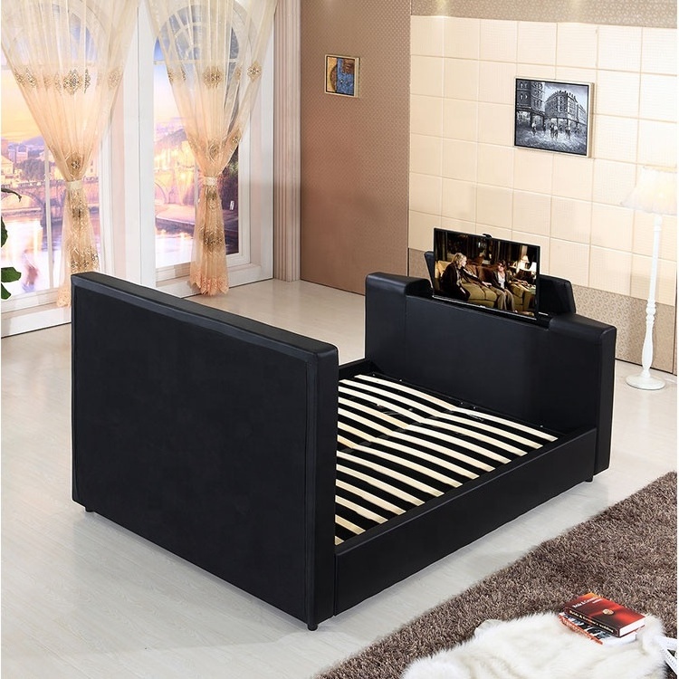 fabric upholstered black ottoman tv beds frame fabric TV beds high bed with tv in footboard