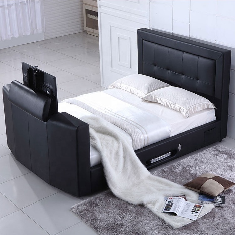 high quality remote control lift queen size faux leather tv bed with gas lift modern for bed room furniture