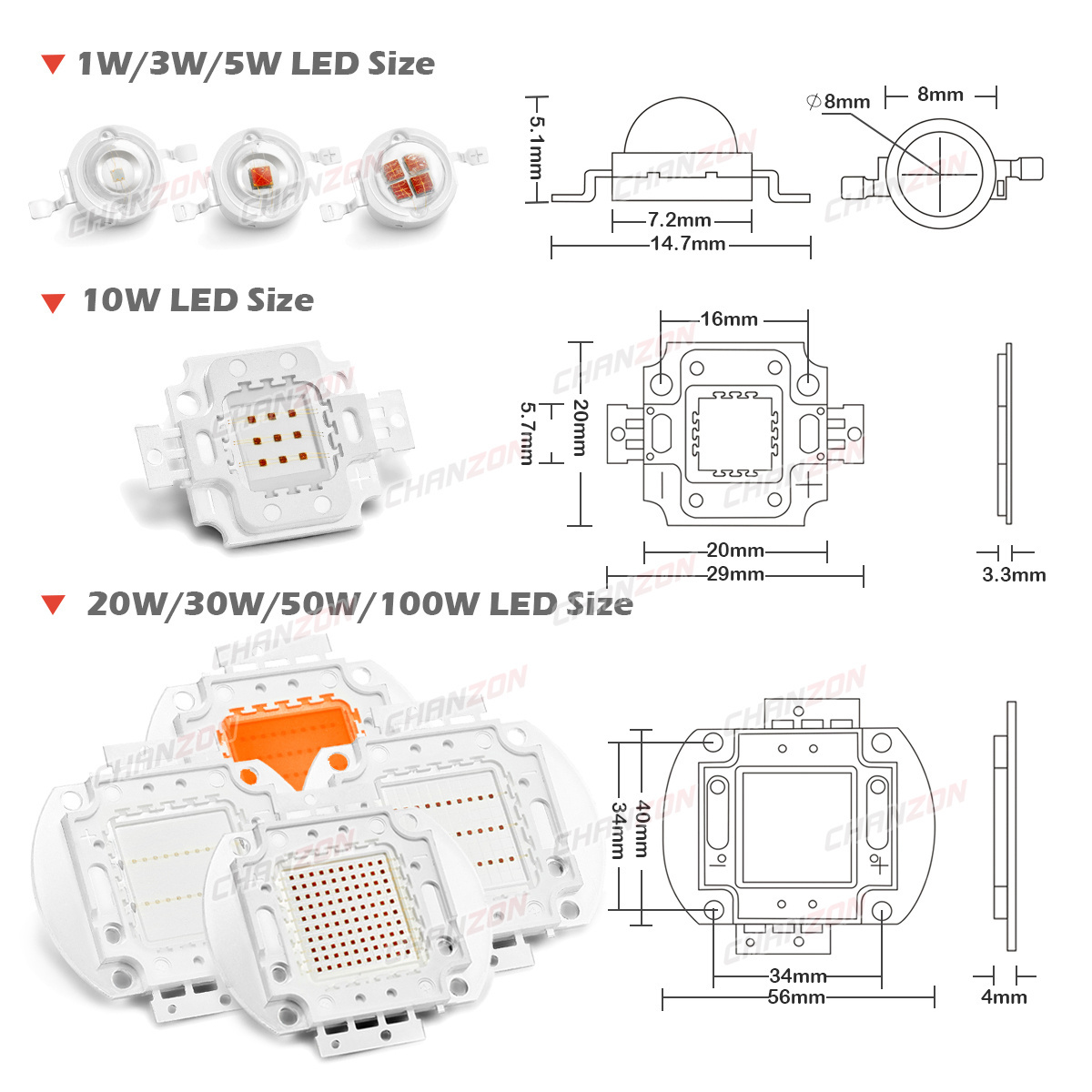 1W 3W 5W 10W 20W 30W 50W 100W 150W Warm White Red Green Blue RGB UV IR Infrared Grow Flood Light High Power COB LED Chip