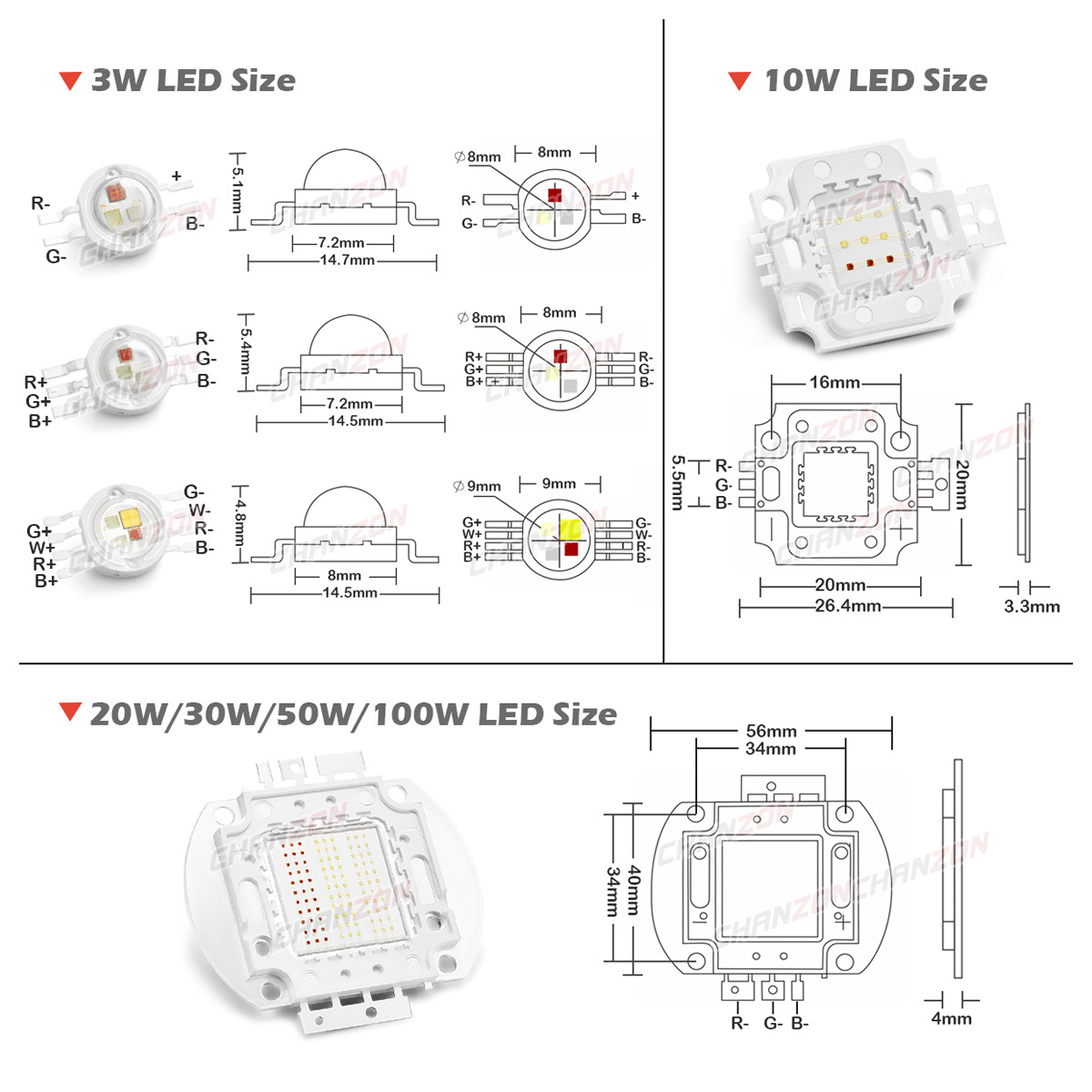 1W 3W 5W 10W 20W 30W 50W 100W 150W Warm White Red Green Blue RGB UV IR Infrared Grow Flood Light High Power COB LED Chip