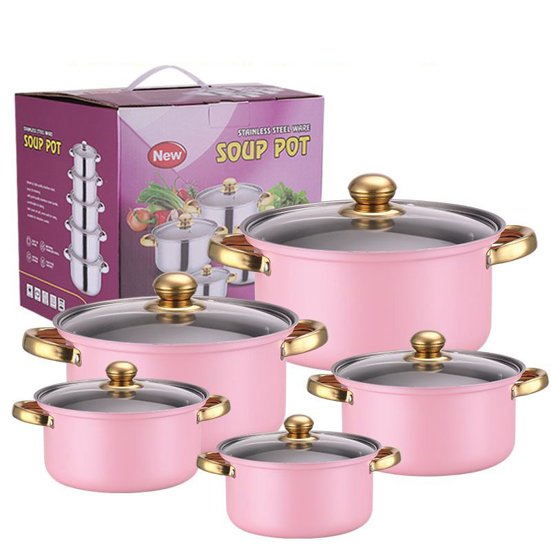 Factory Wholesale Kitchen Cookware Set 10pcs Stainless Steel Gold Handle Soup & Stock Pots with Casserole Milk Pots and Pans