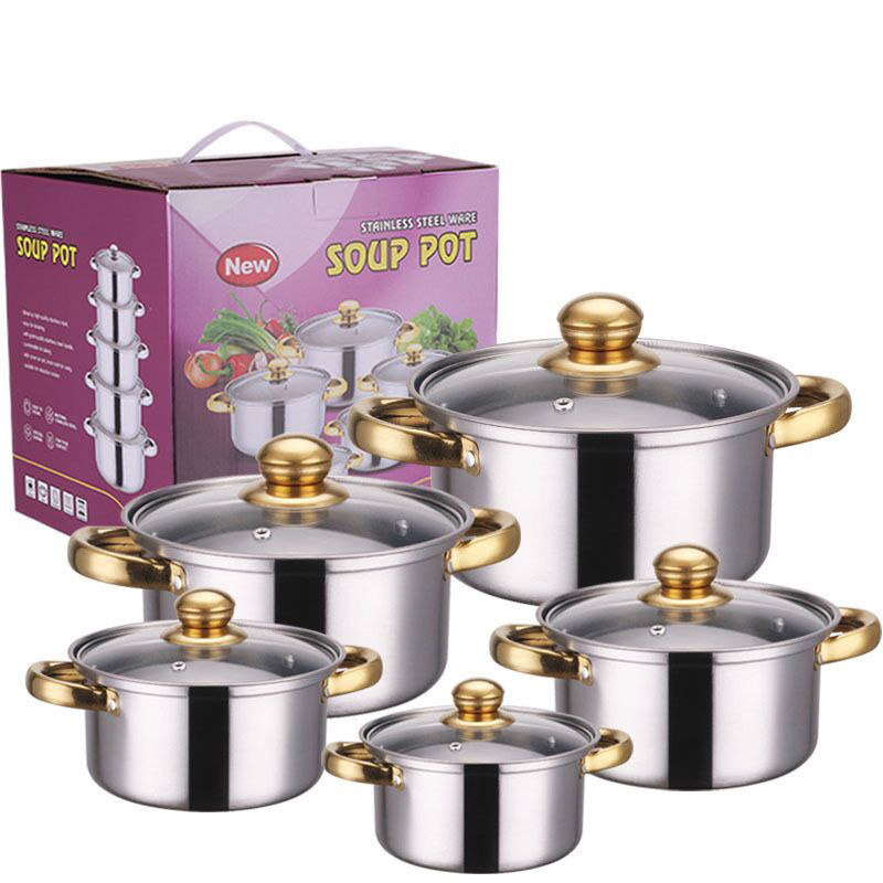 Factory Wholesale Kitchen Cookware Set 10pcs Stainless Steel Gold Handle Soup & Stock Pots with Casserole Milk Pots and Pans