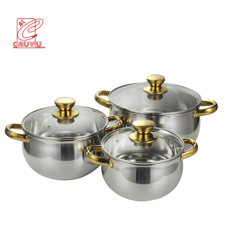 New modern 6 pcs kitchen cooking ware stainless steel pot casserole set with gold handle tencere setleri