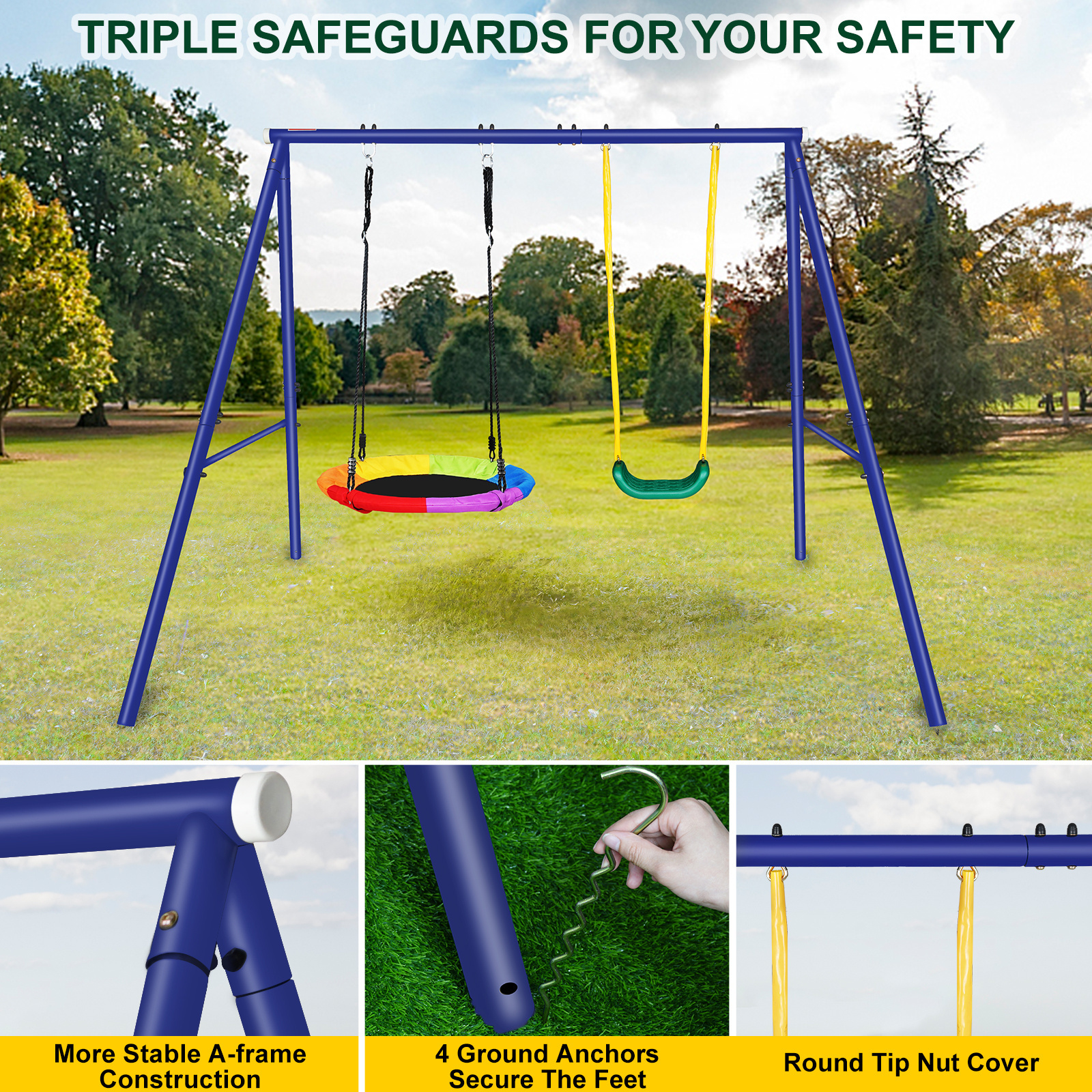 Swing Sets with 1Saucer Swing ,1 Belt Swing Seat,Heavy Duty Anti-Rust Metal Stand Play set Accessories for Backyard Outdoor