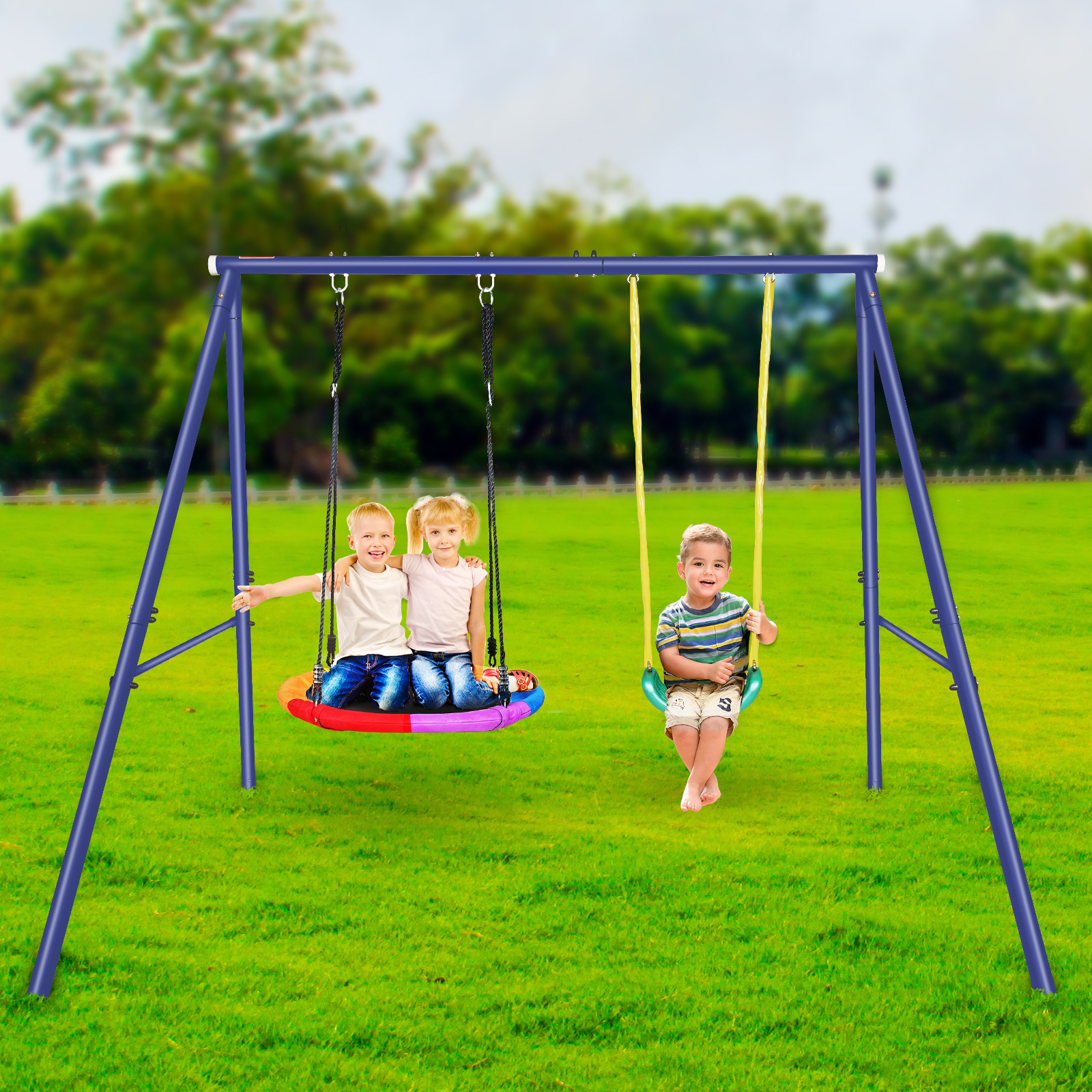 Swing Sets with 1Saucer Swing ,1 Belt Swing Seat,Heavy Duty Anti-Rust Metal Stand Play set Accessories for Backyard Outdoor