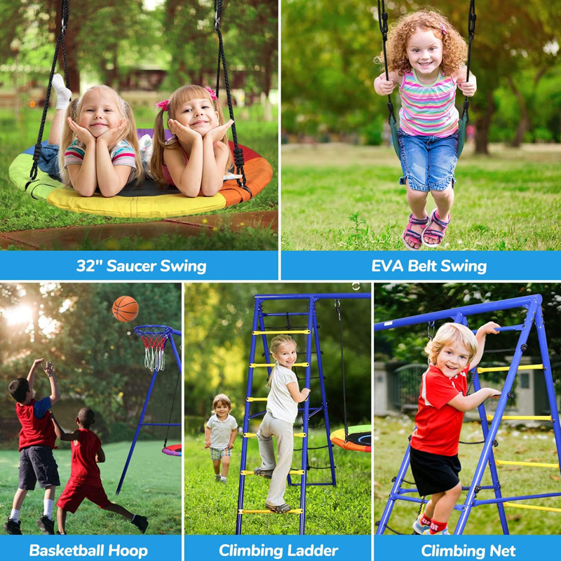 New Style Multifunction Metal Outdoor Swing Kids Set, Saucer Swing Climbing Ladder Children Belt Swing with Basketball Rim