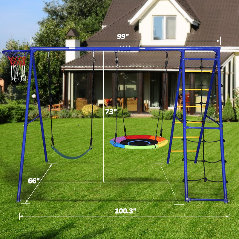 New Style Multifunction Metal Outdoor Swing Kids Set, Saucer Swing Climbing Ladder Children Belt Swing with Basketball Rim