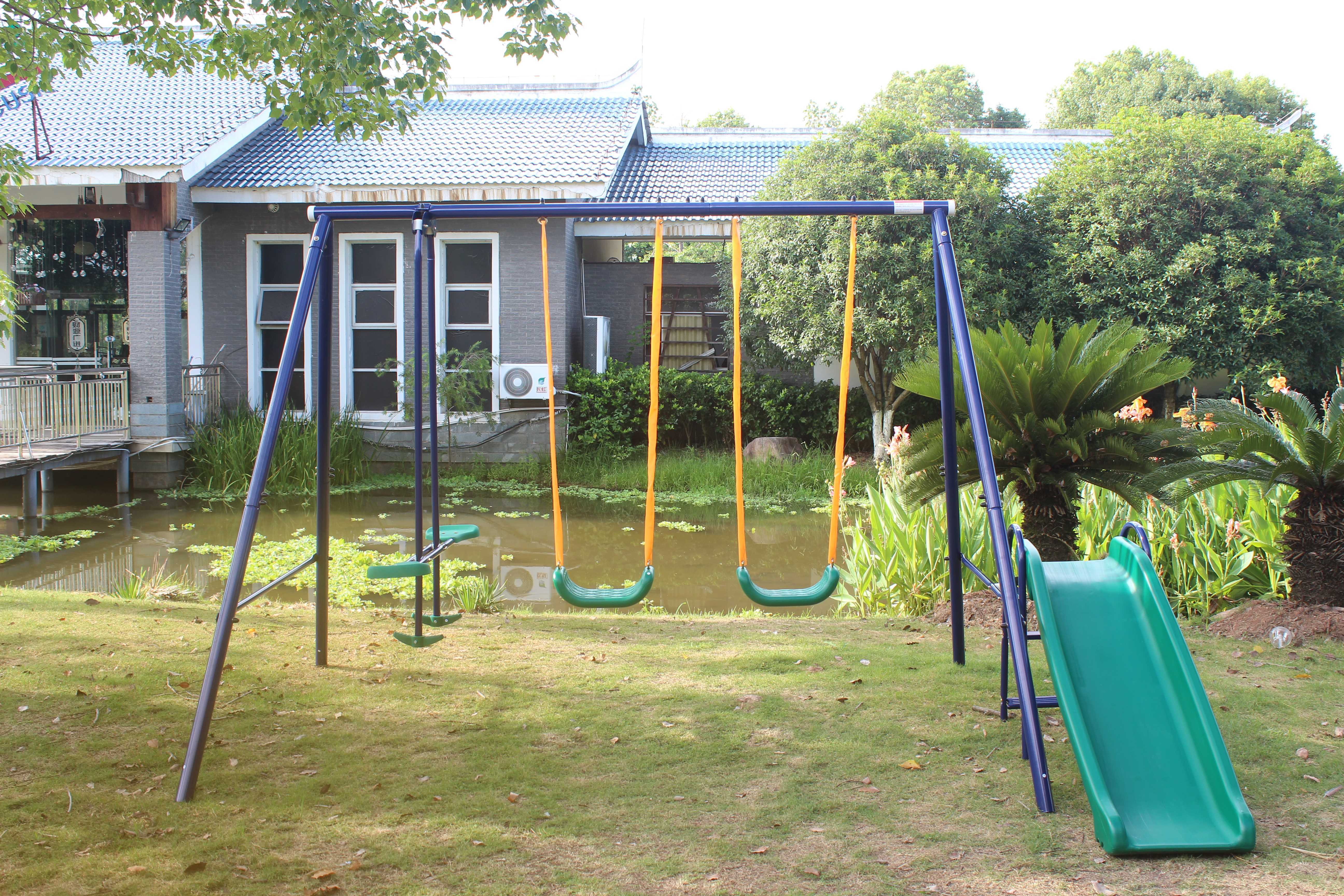 Metal Frame See-Saw Swing Set For Kids, Playground Metal Swing Chair With Slide