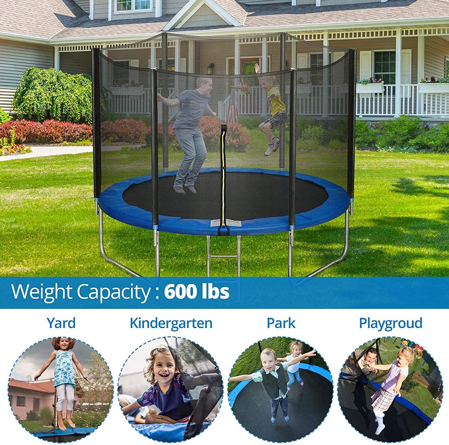 10FT Garden Trampoline with Safety Enclosure Net, Combo Bounce Jump Outdoor Fitness PVC Spring Cover Padding Kids Trampoline