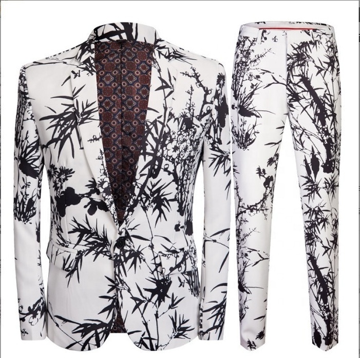 New Men's Printed High Quality Suit Set Black and White Floral Suit Two Piece Set