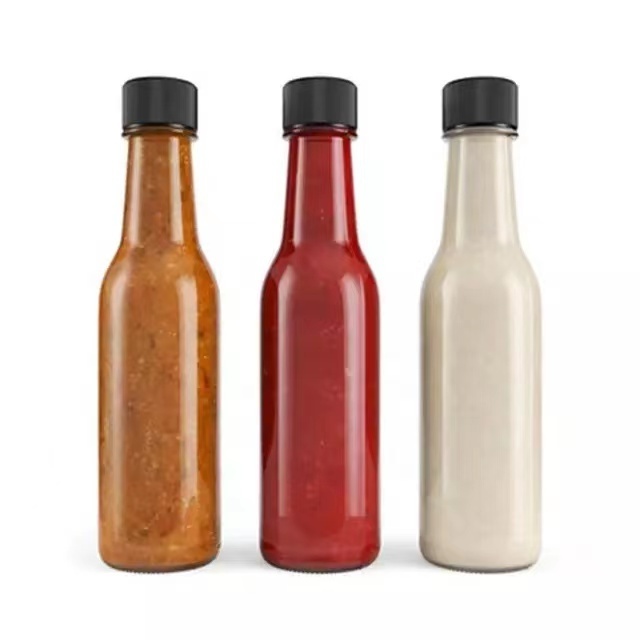 High Quality Empty Round 150ml Hot Chili Sauce Glass Bottle 5oz With Black Lid for Salad Dressing