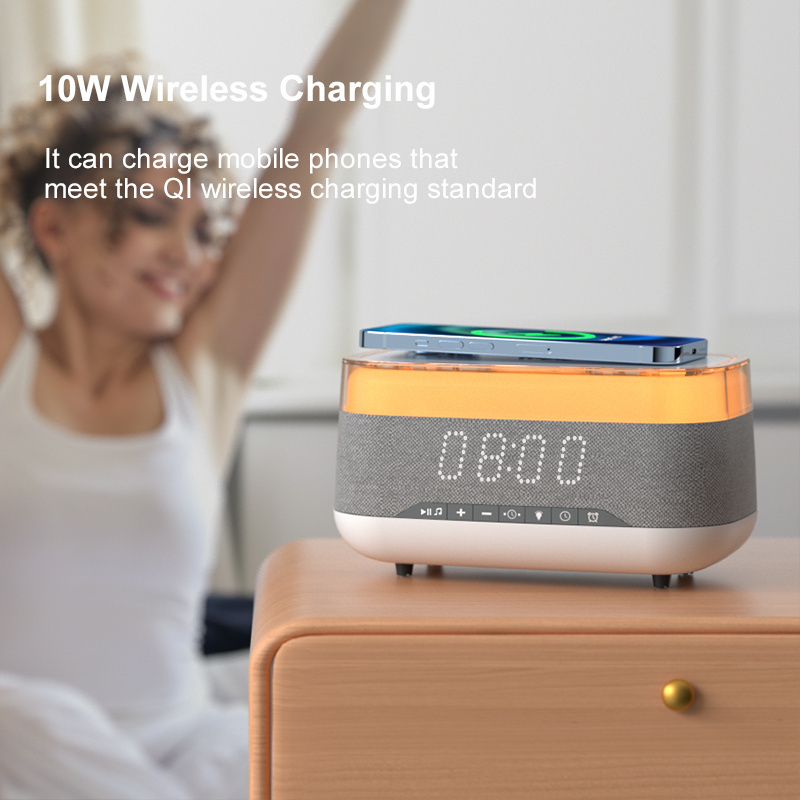 Wholesale Music Portable Wireless Charger Wireless Bluetooths Speaker with Night Light and Alarm Clock