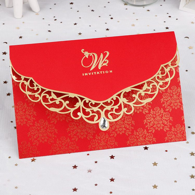 Custom Glitter Diamond  Laser Cut Wedding Invitations Personalized Hollow Out Wedding Invitation Card With Ribbon Envelope