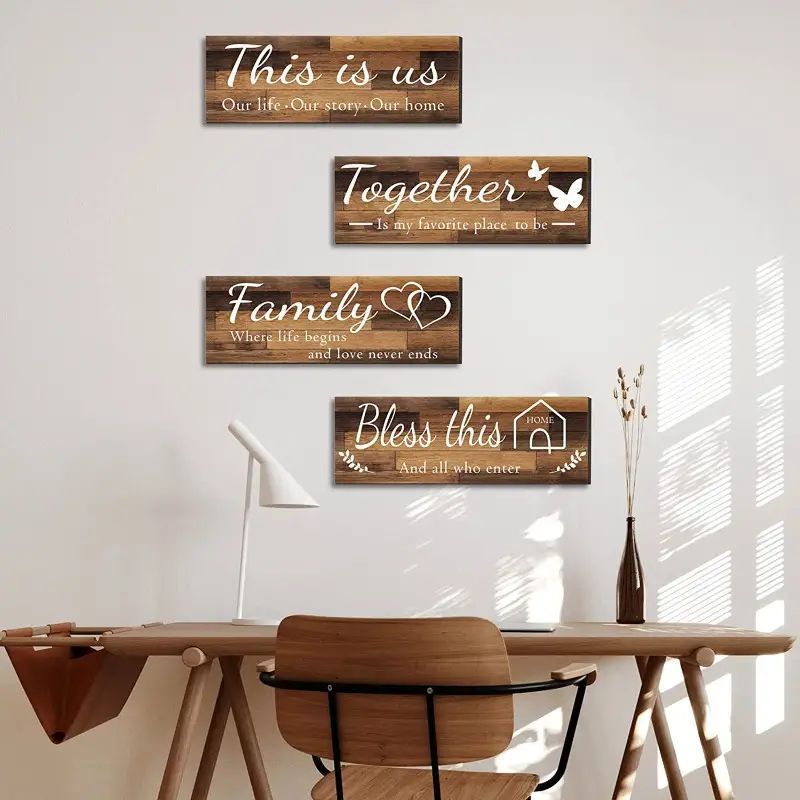 4pcs/set Home Wall Signs, THIS IS US/TOGETHER/BLESS THIS HOME/FAMILY Wall Decor For Living Room Bedroom