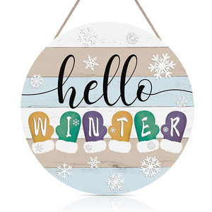 Hello Winter Welcome Wood Wall Sign Plaque, Wooden Door Art Sign, Round Hanging Sign Home Decor for Front Porch Garde Christmas