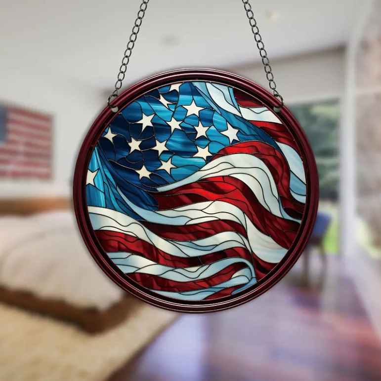 RTS 4th of july Independence Day acrylic wall decor, round red white blue USA flag party home hanging Ornaments gifts