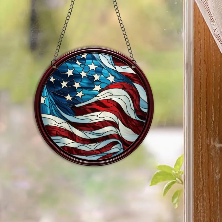 RTS 4th of july Independence Day acrylic wall decor, round red white blue USA flag party home hanging Ornaments gifts