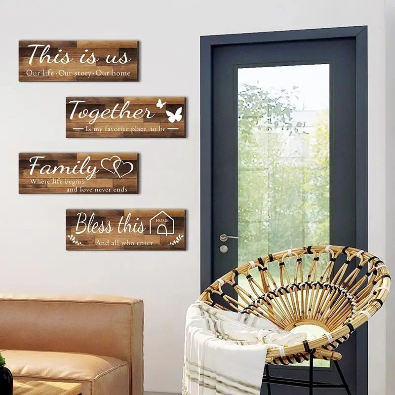 4pcs/set Home Wall Signs, THIS IS US/TOGETHER/BLESS THIS HOME/FAMILY Wall Decor For Living Room Bedroom