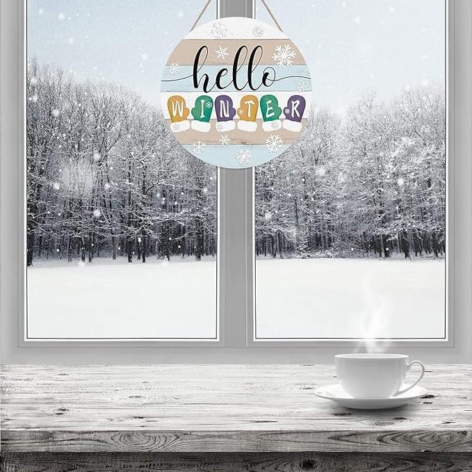 Hello Winter Welcome Wood Wall Sign Plaque, Wooden Door Art Sign, Round Hanging Sign Home Decor for Front Porch Garde Christmas