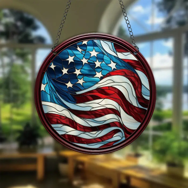 RTS 4th of july Independence Day acrylic wall decor, round red white blue USA flag party home hanging Ornaments gifts