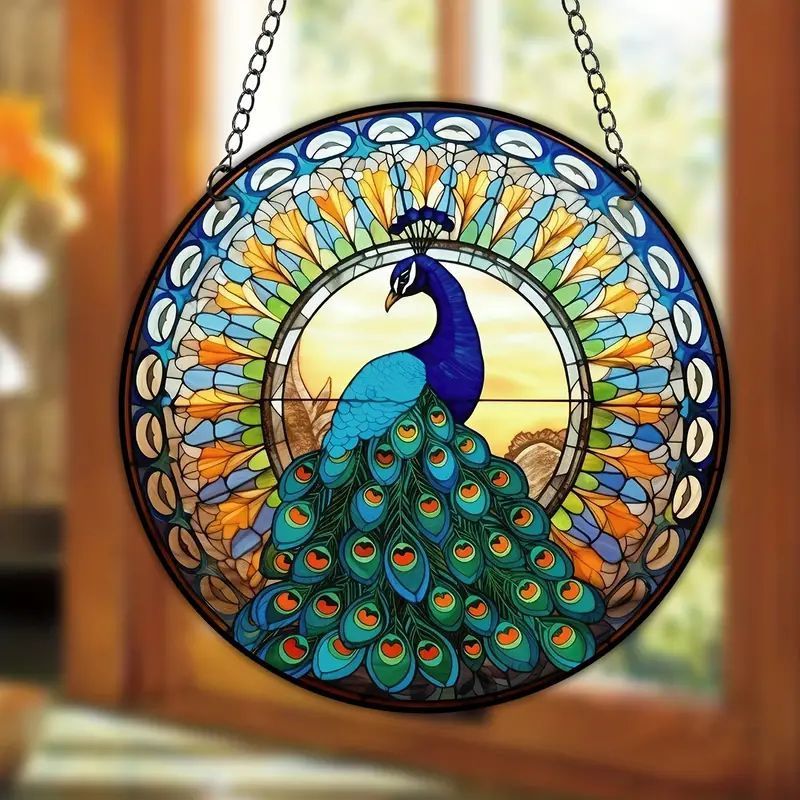 Glass Top Selling Peacock Stained Window Hanging,peacock Art for Kitchen Livingroom Office Living Room Art Deco Acrylic Abstract