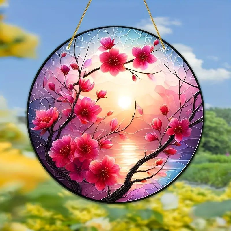 Cherry Blossoms Suncatcher, Acrylic Hanging Decor, For Office Living Room Bedroom, Window Garden Patio Porch Decor