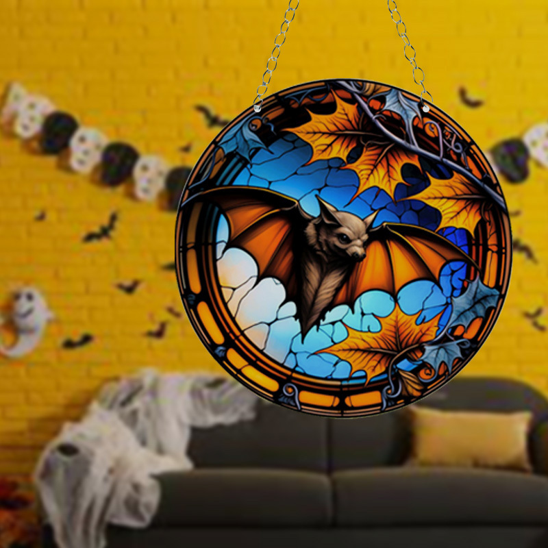 Wholesale Round Acrylic Home Hanging Decorations, Customized Design Sun Catcher, Halloween Bat wall Window pendant for Living Ro