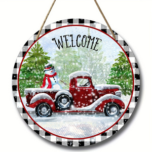 Welcome Snowman Wooden Round Wall Sign Art For Front Door Decor, Wreath Center Craft Hanging Ornaments For Home Room Farmhouse