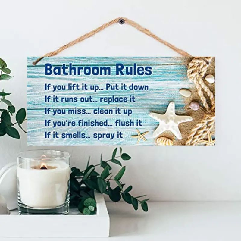 Beach Bathroom Decor, Wall Decor Hanging Signs, Waterproof And Moisture Resistant, Bathroom Rules, Shell Bathroom Decor