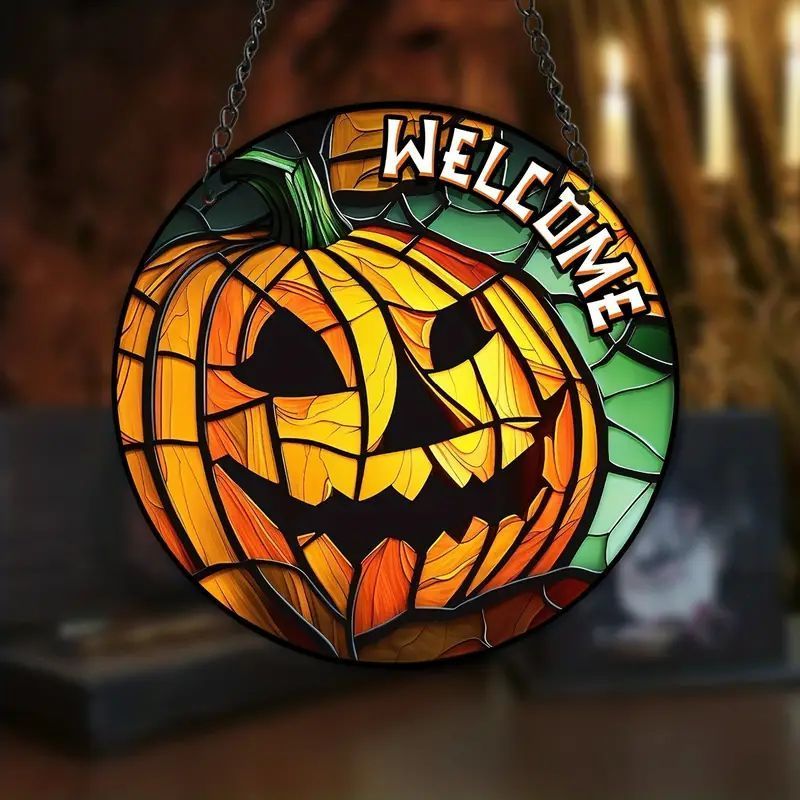 Halloween Pumpkin Suncatcher Stained Window Hanging Wall Ornaments Home Garden Patio Fall Decoration Gifts Halloween Decor