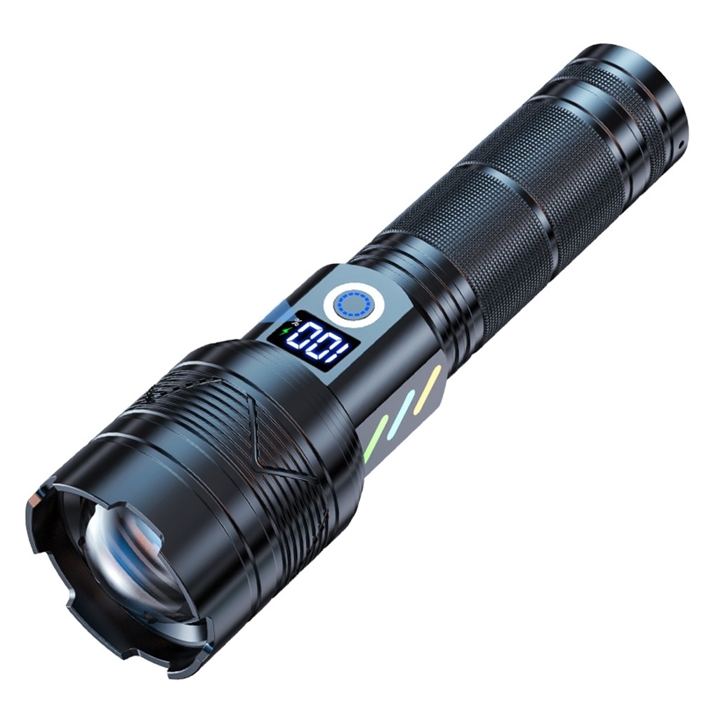 Super Bright Flashlight with Luminous Strips 20W LED Type C USB Charging 5 Modes Zoomable 40000 Lumens Outdoor Emergency Torch