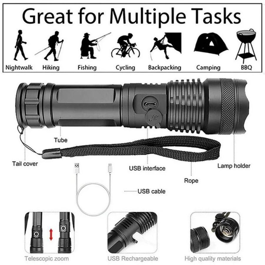 20W High Power P50 Flashlights 1000 lumens Zoomable Flashlight Torches Outdoor Waterproof Rechargeable Led Tactical Flashlight