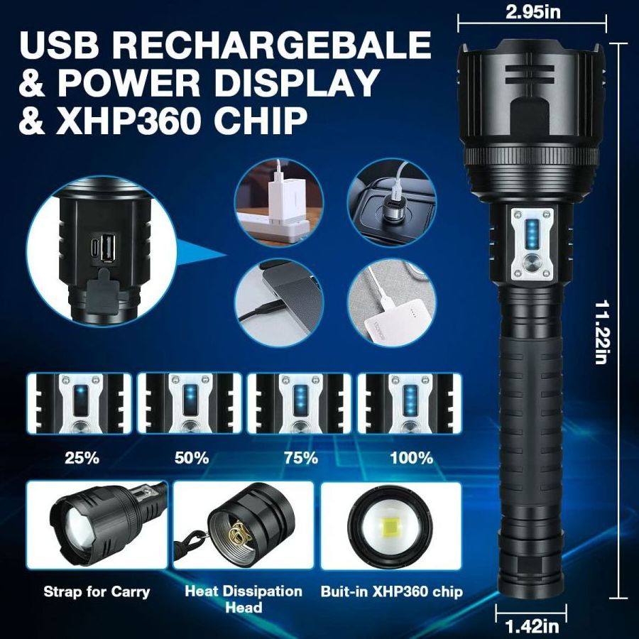 XHP360 Powerful Flashlight 5000Lumen High Bright Rechargeable Telescopic Zoom 5 Modes Outdoor Adventure Torch Light