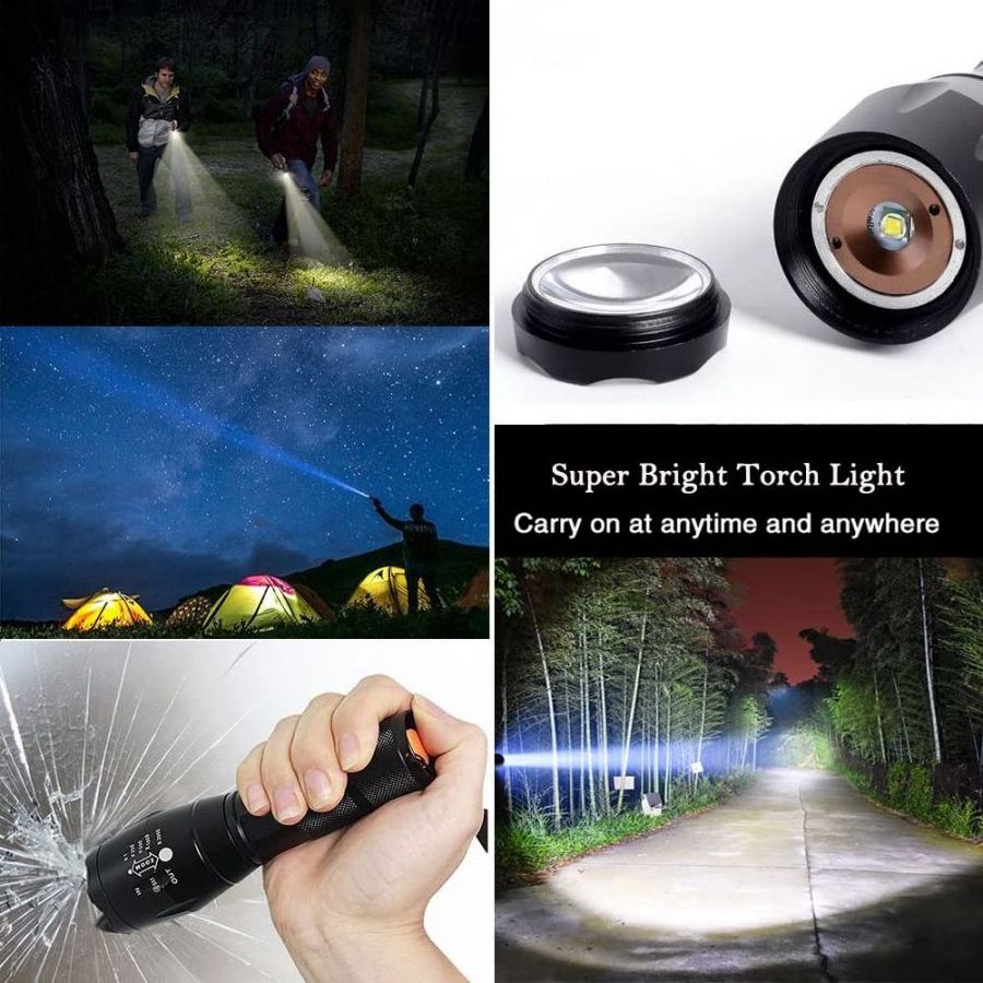 T6 Aluminum LED Torch Waterproof Flashlight with Adjustable Focus Zoom 5 Modes Including SOS Warning Light for Outdoor Camping