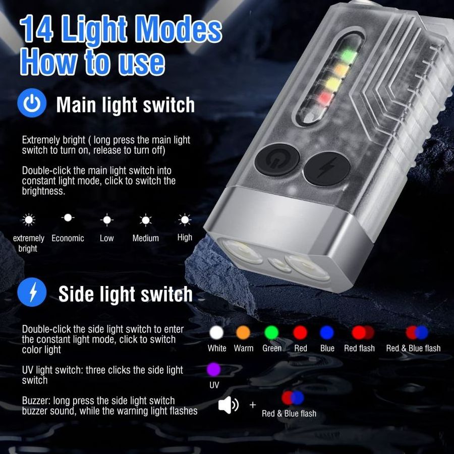 V10L 1000 Lumens EDC Flashlight UV Light Mini Flashlight12 Modes Multifunctional Pocket Flashlight With Redline Light