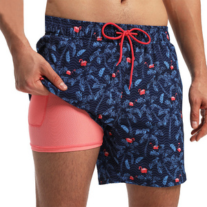 Custom Logo Swimwear Beach Shorts Men's Print Palm Flamingo 100% Polyester Quick Dry Beachwear Shorts Short Swim Trunk For Men