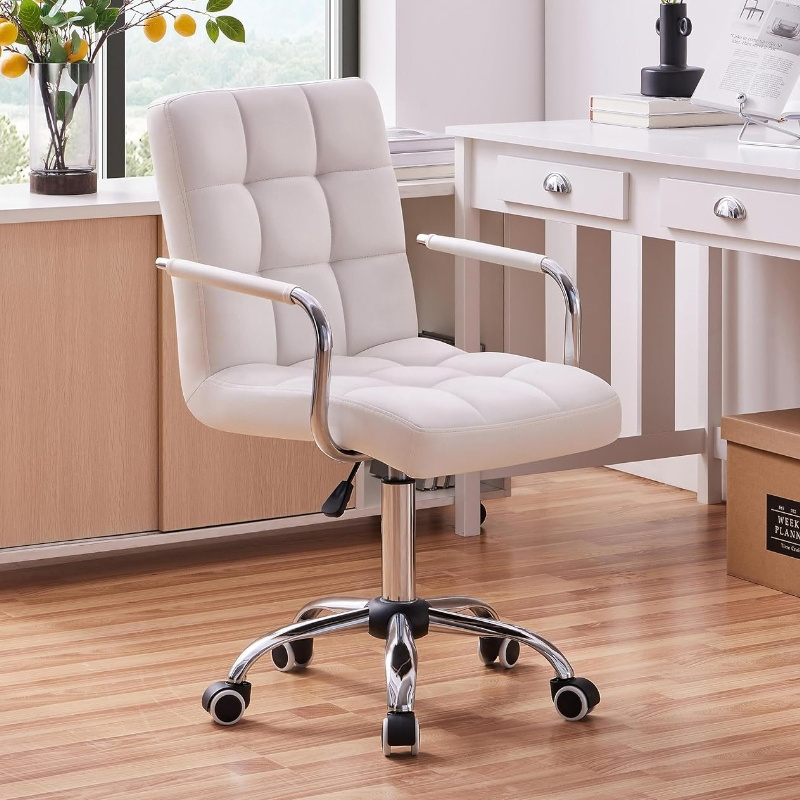 Armrests Modern PU Leather Office Chair Midback Adjustable Home Computer Executive Chair on Wheels 360 Swivel