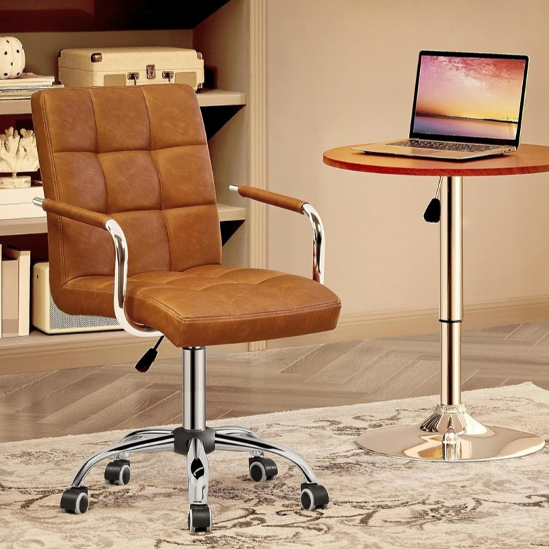 Armrests Modern PU Leather Office Chair Midback Adjustable Home Computer Executive Chair on Wheels 360 Swivel