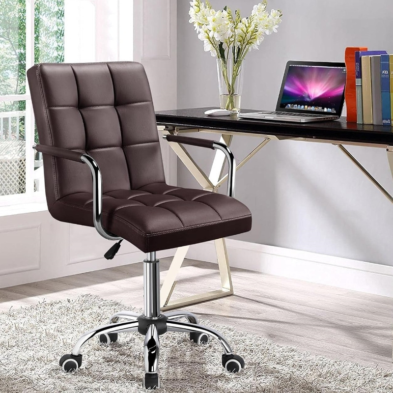 Armrests Modern PU Leather Office Chair Midback Adjustable Home Computer Executive Chair on Wheels 360 Swivel