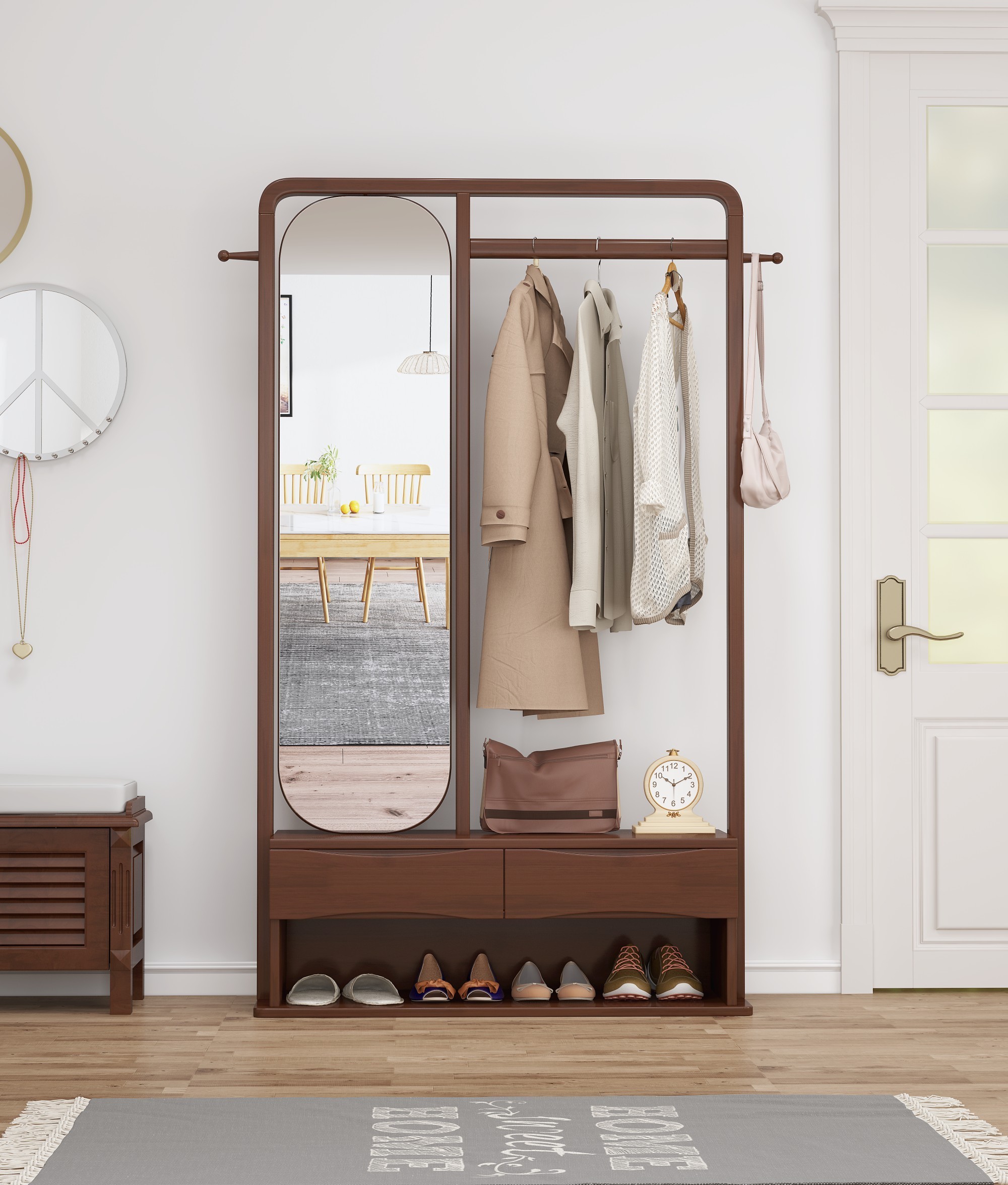 Wooden Hat & Coat Rack Shoe Cabinet Clothes Hanger With Drawers Multifunctional Coat Rack With Dressing Mirror