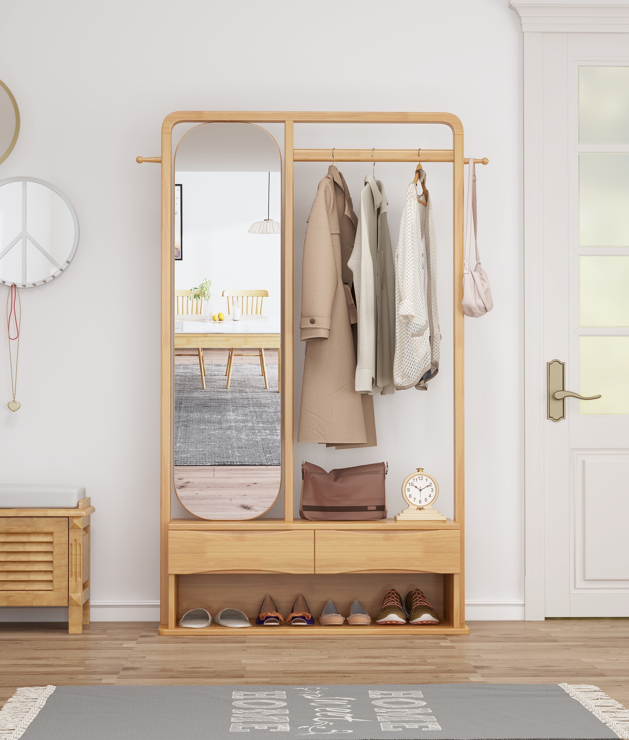 Wooden Hat & Coat Rack Shoe Cabinet Clothes Hanger With Drawers Multifunctional Coat Rack With Dressing Mirror