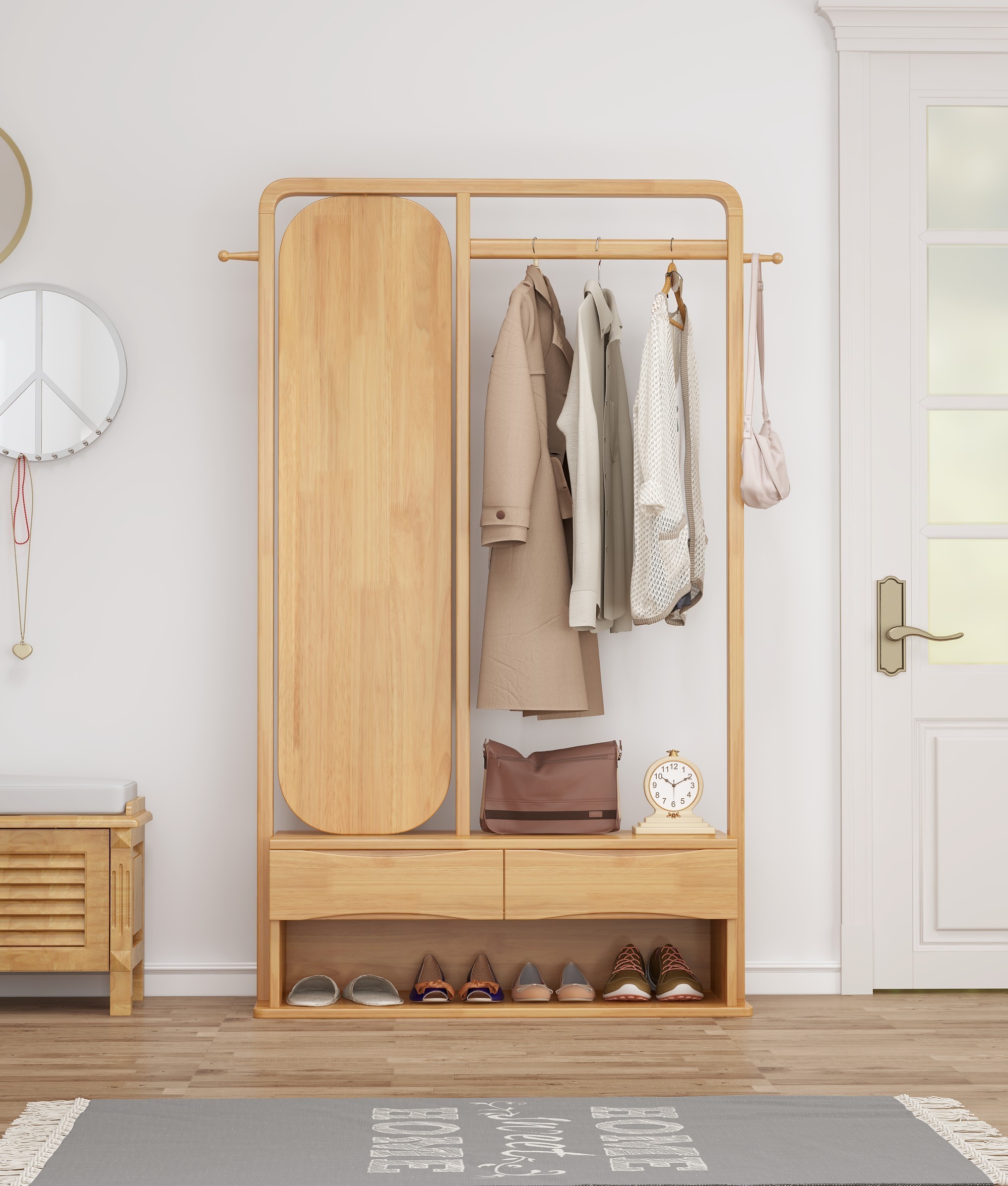 Wooden Hat & Coat Rack Shoe Cabinet Clothes Hanger With Drawers Multifunctional Coat Rack With Dressing Mirror