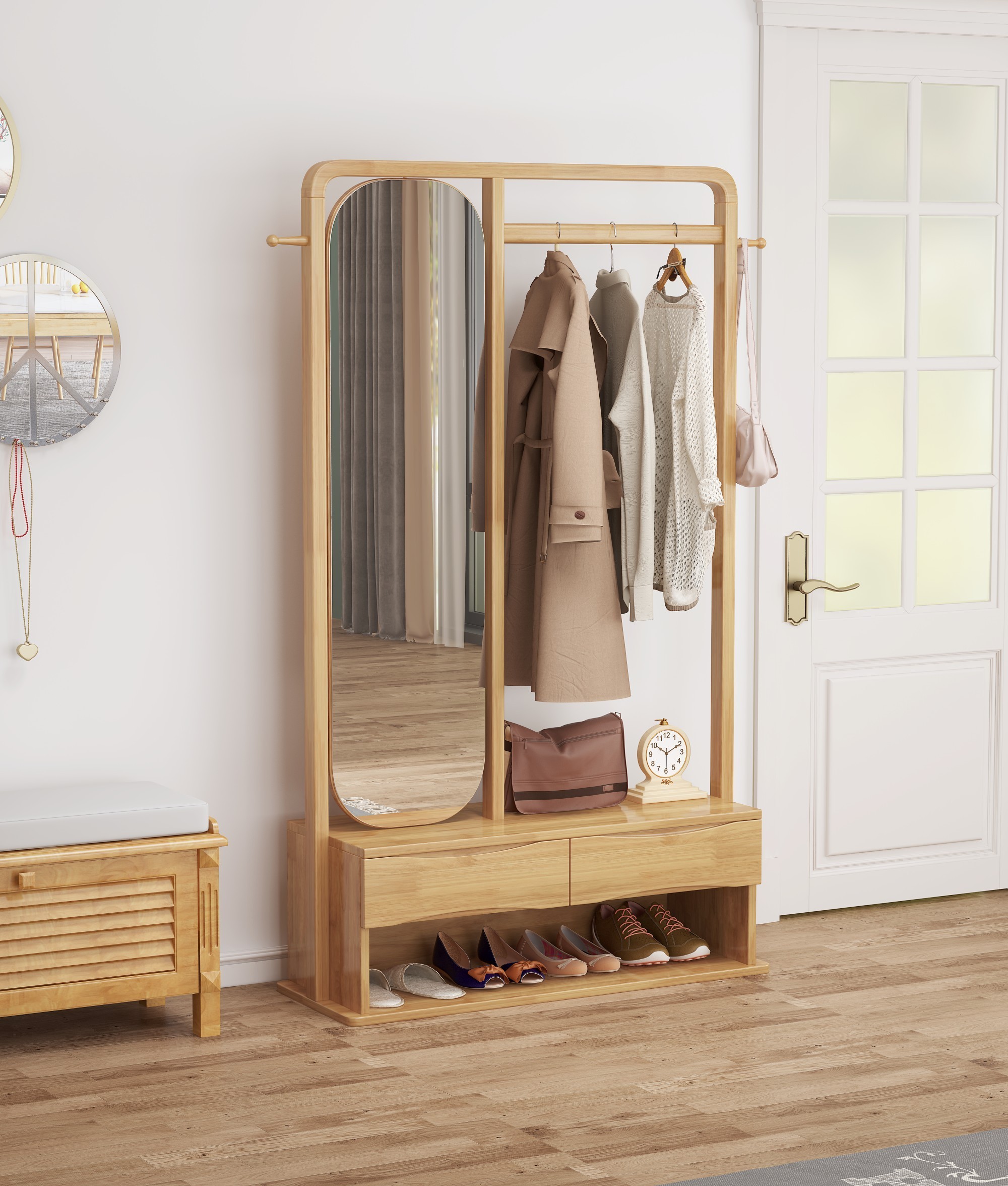 Wooden Hat & Coat Rack Shoe Cabinet Clothes Hanger With Drawers Multifunctional Coat Rack With Dressing Mirror