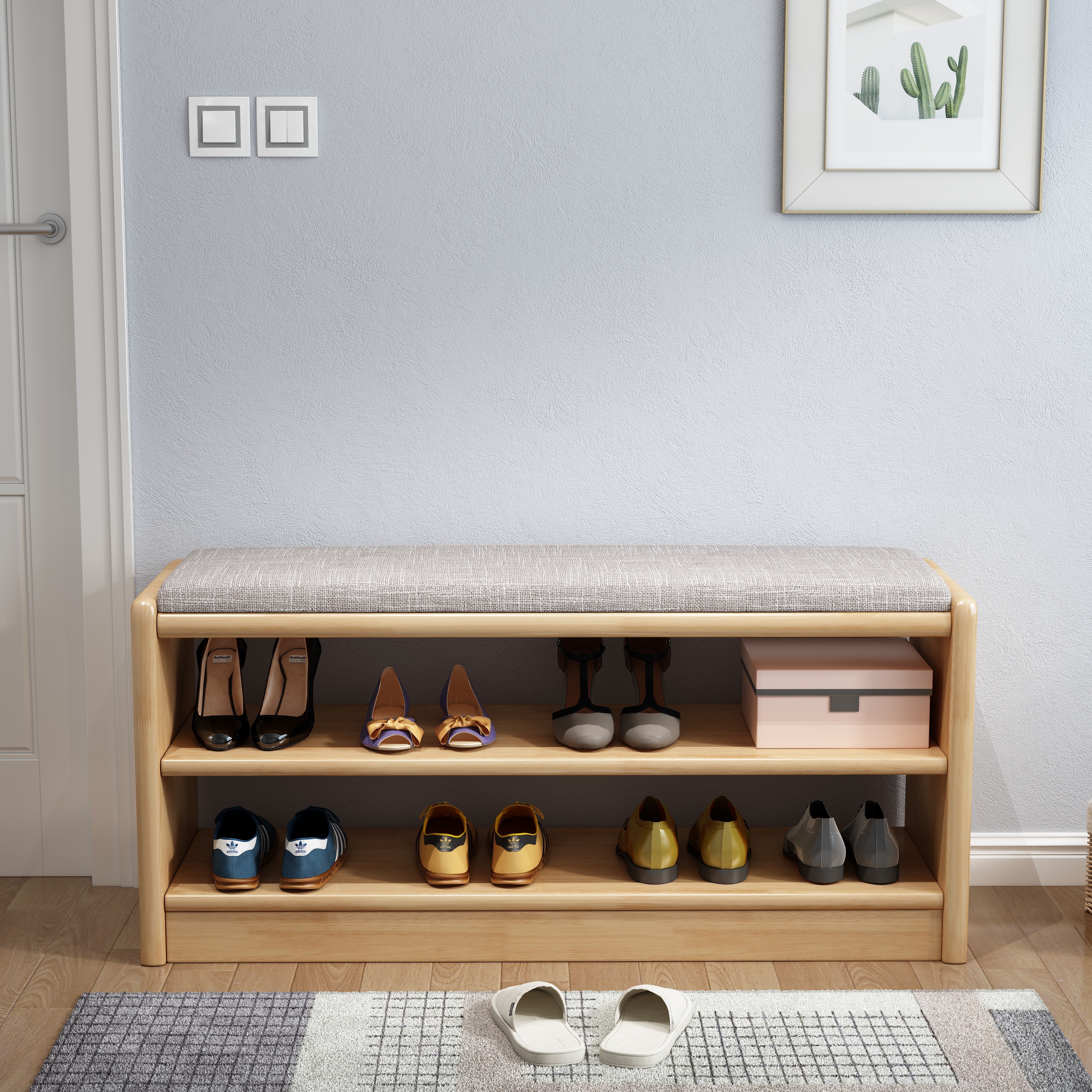 Entryway Furniture Modern Wooden Shoe Rack Cabinet Small Shoe Storage Bench With Soft Seat Cushion 2 in1 Wood Shoe Storage Bench