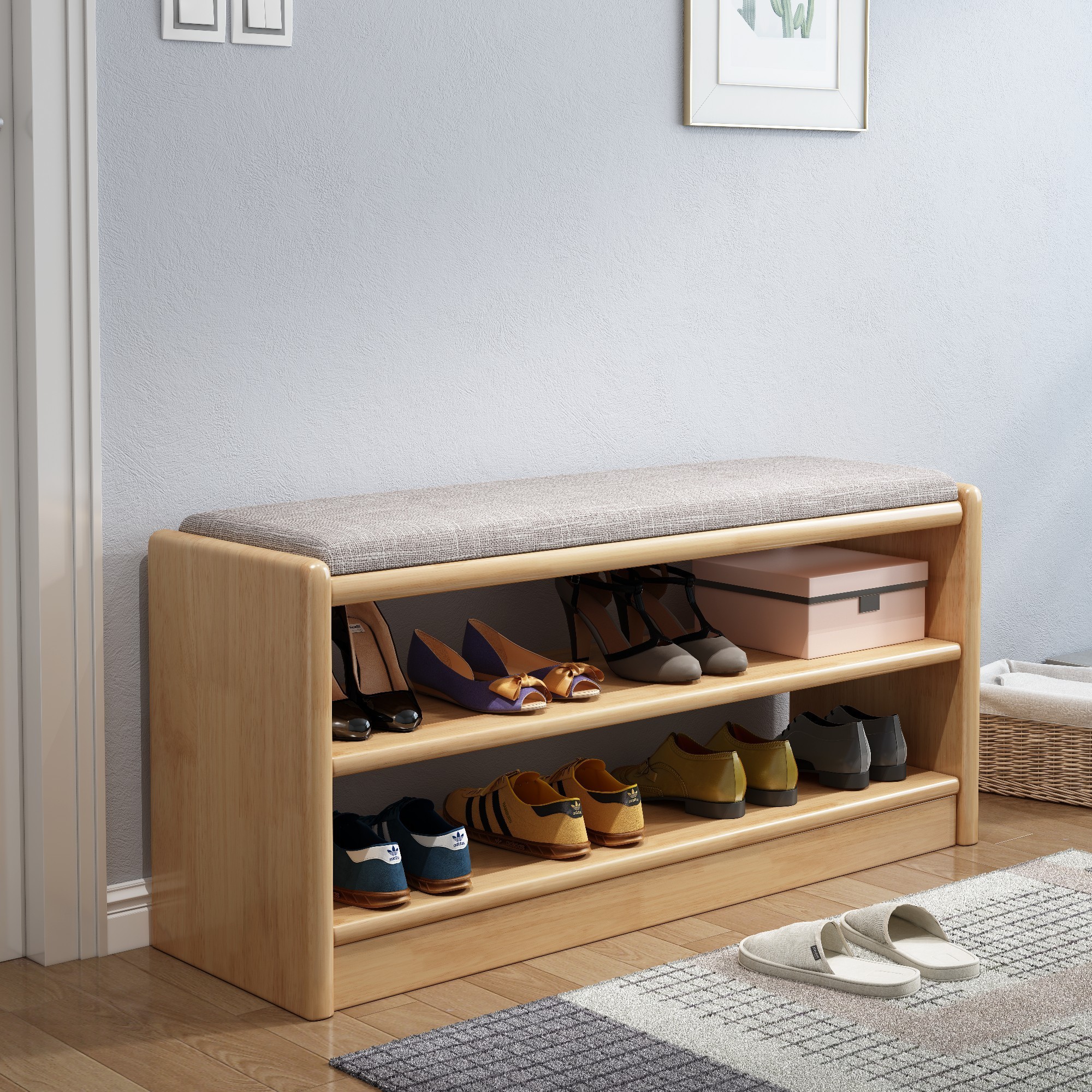 Entryway Furniture Modern Wooden Shoe Rack Cabinet Small Shoe Storage Bench With Soft Seat Cushion 2 in1 Wood Shoe Storage Bench