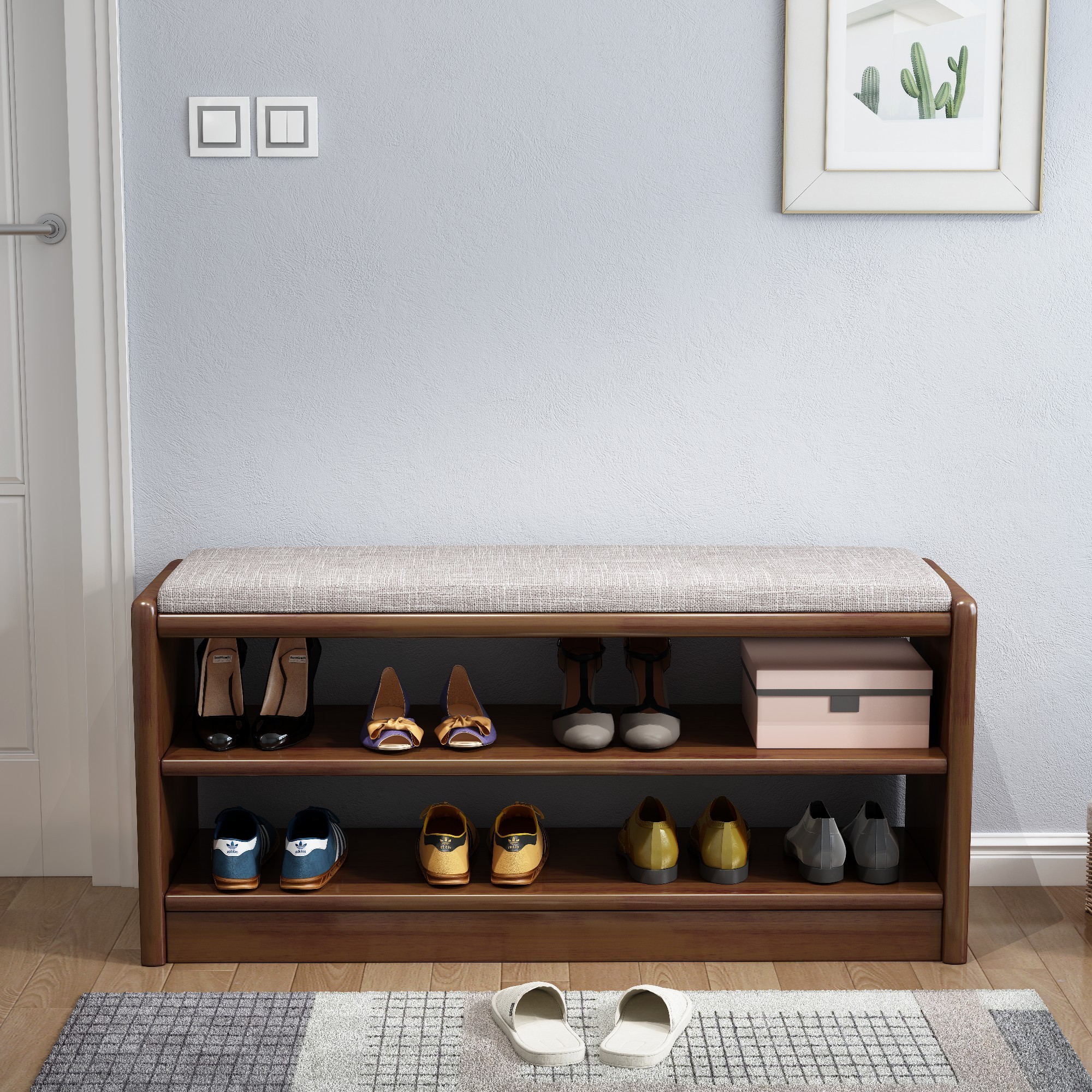 Entryway Furniture Modern Wooden Shoe Rack Cabinet Small Shoe Storage Bench With Soft Seat Cushion 2 in1 Wood Shoe Storage Bench