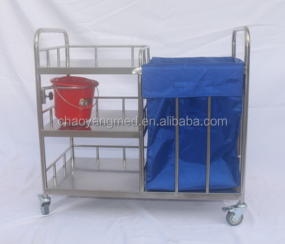 stainless steel housekeeping trolley three shelves with one bag hospital laundry trolley CY-D400